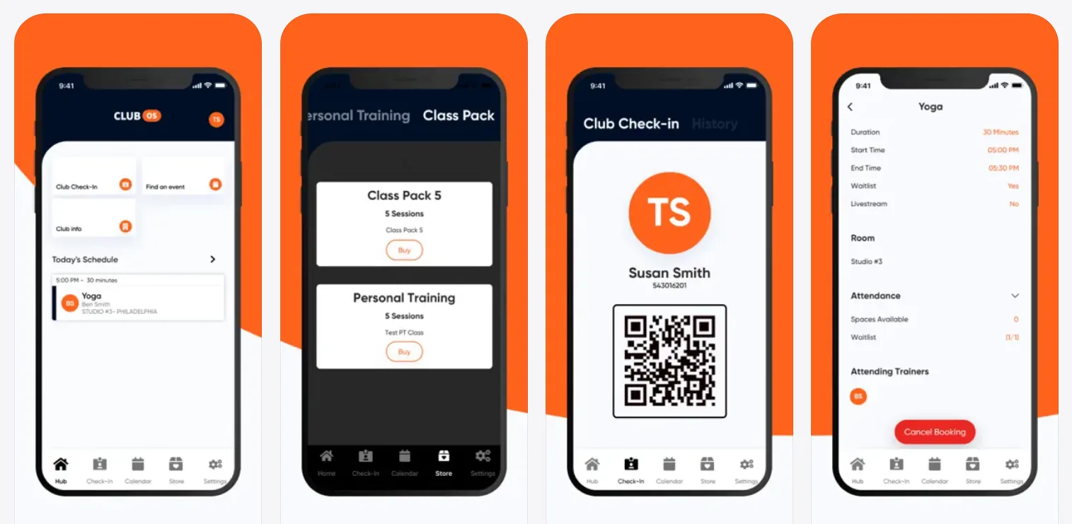 ClubAccess app screenshots — Hub, Class Pack, Club Check-in, and Yoga booking screens